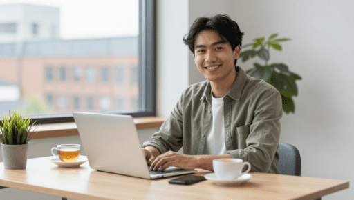 A friendly, approachable young professional sitting at a modern desk with a laptop, smiling warmly at the camera. They are wearing casual-smart clothing. On the desk is a cup of tea, a smartphone, and a small plant. The background is a blurred Coventry cityscape visible through a window. The lighting is soft and natural. The mood is welcoming and helpful. Suitable for a 'Contact Us' page image for a UK local guide website.