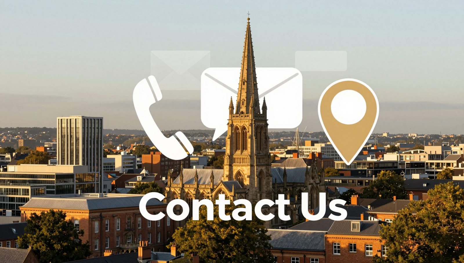 A beautiful panoramic photograph of the Coventry city skyline, featuring the Cathedral spire and modern buildings, bathed in warm golden hour light. Overlaid on the image are subtle, semi-transparent communication icons — an email envelope, a telephone handset, a speech bubble, and a location pin — in white or gold. The composition is clean and professional. Suitable for a 'Contact Us' page banner image for a Coventry-focused website.