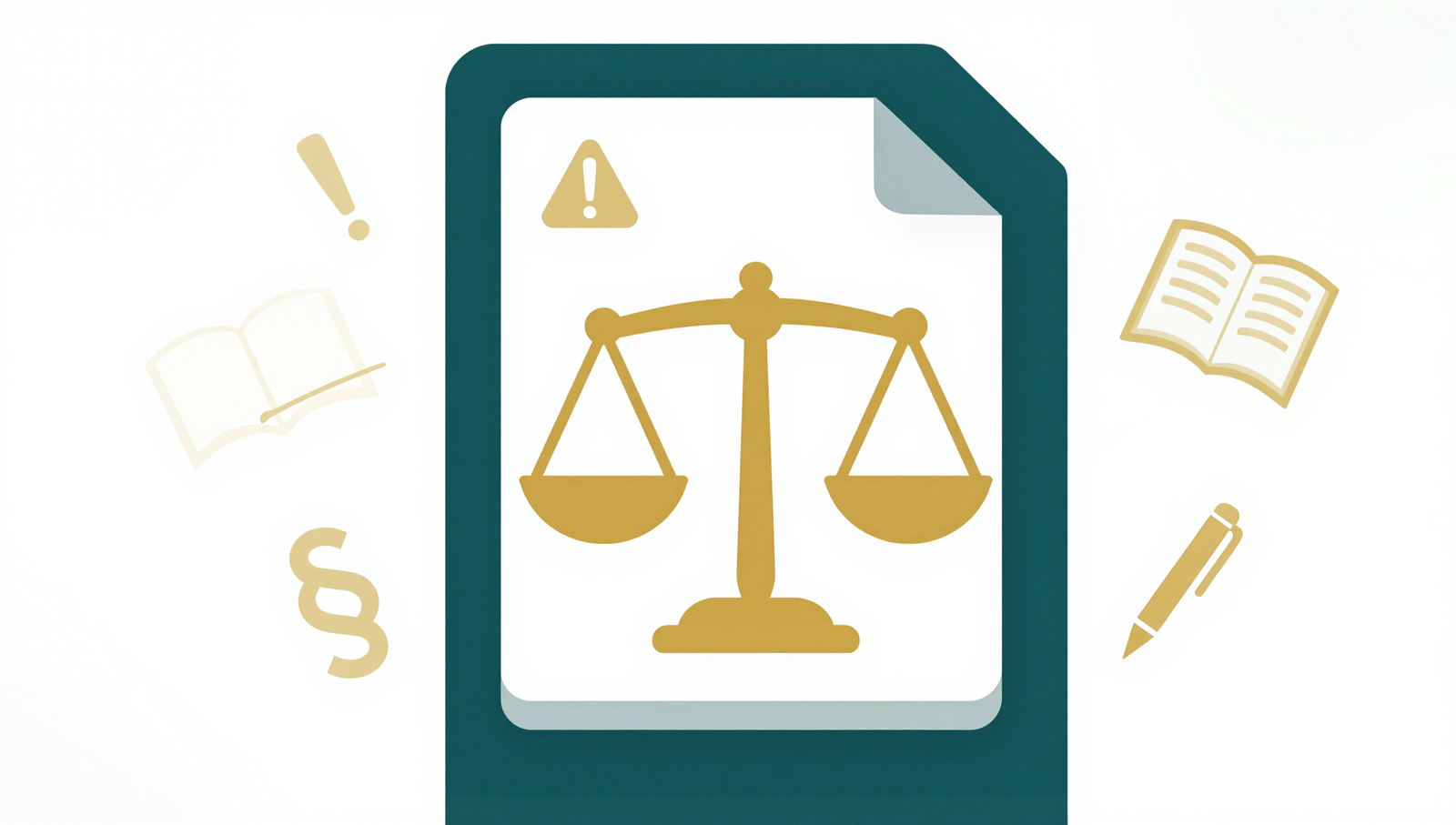 Create a clean, modern, and professional header image for a website DMCA Copyright Infringement page. The design features a large, stylised copyright symbol (©) in the centre, enclosed within a shield or badge shape, representing intellectual property protection. Surrounding the main icon are subtle floating symbols: a document with a warning sign, a pen signing a legal paper, a broken link or chain, and a stamp of approval or seal. The colour palette uses deep teal (#0A4D4D), warm gold (#D4A03C), and white. The background is clean white with subtle geometric patterns or light grid lines. The style is flat, minimal, vector-like, and professional. The mood is authoritative, protective, and legally precise. Suitable for a UK-based city guide website called Coventry City Insider. Aspect ratio 16:7, web-optimised.
