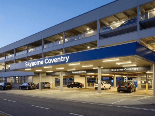 A clear view of the Skydome Car Park Coventry entrance at dusk.