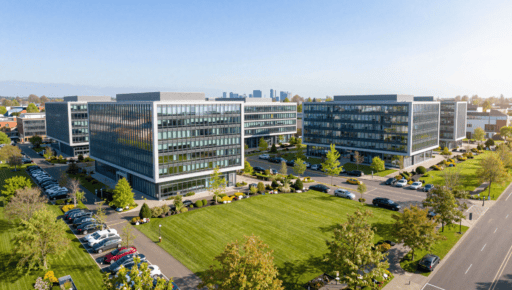 Aerial view of Binley Business Park Coventry showing modern office buildings and landscaped grounds
