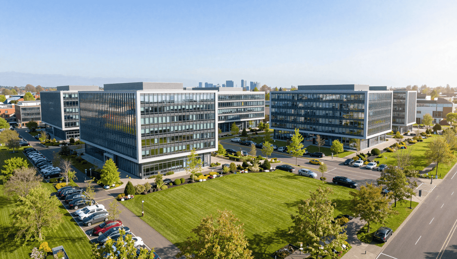 Aerial view of Binley Business Park Coventry showing modern office buildings and landscaped grounds