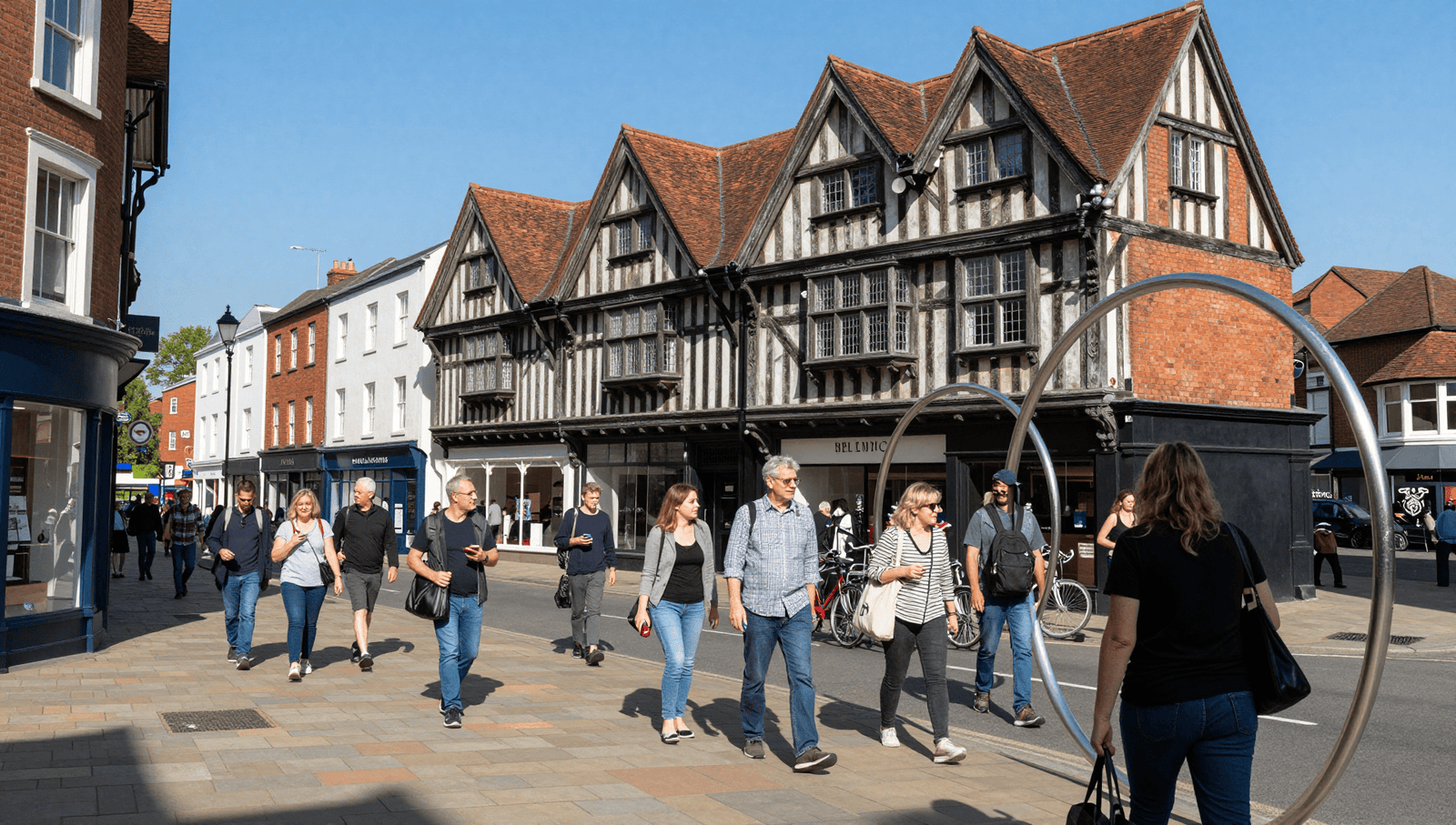 Visitors exploring the historic street of Cross Cheaping Coventry on a sunny day.