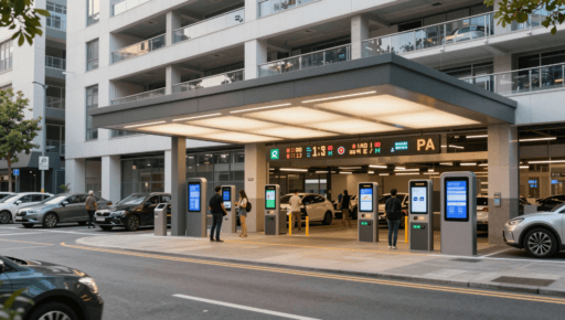 The entrance to Gosford Street Car Park Coventry showing payment machines and signage.