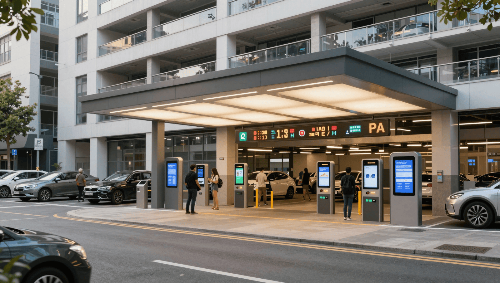 The entrance to Gosford Street Car Park Coventry showing payment machines and signage.