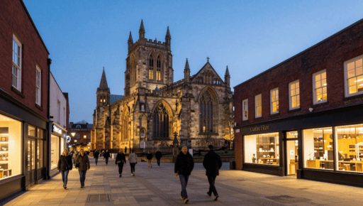 Families walking through Cathedral Lanes during late night shopping Coventry.