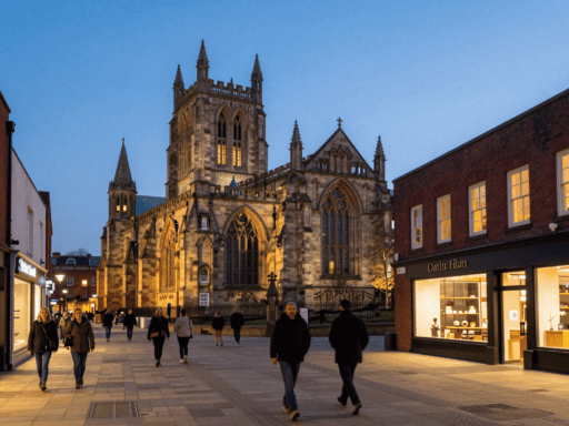 Families walking through Cathedral Lanes during late night shopping Coventry.