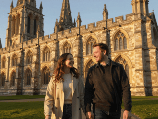 A couple enjoying things to do in Coventry for couples at the Cathedral ruins.