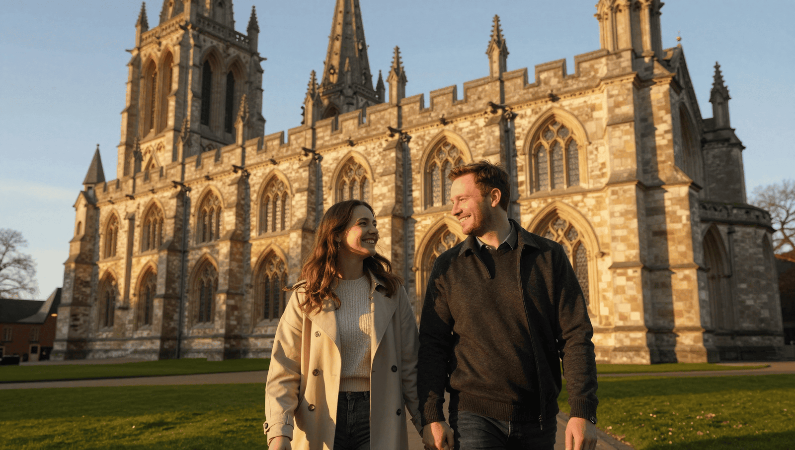 A couple enjoying things to do in Coventry for couples at the Cathedral ruins.