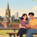 Coventry Building Society savings guide illustration showing a couple managing their savings on a phone in Coventry city centre.