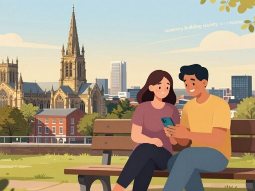 Coventry Building Society savings guide illustration showing a couple managing their savings on a phone in Coventry city centre.