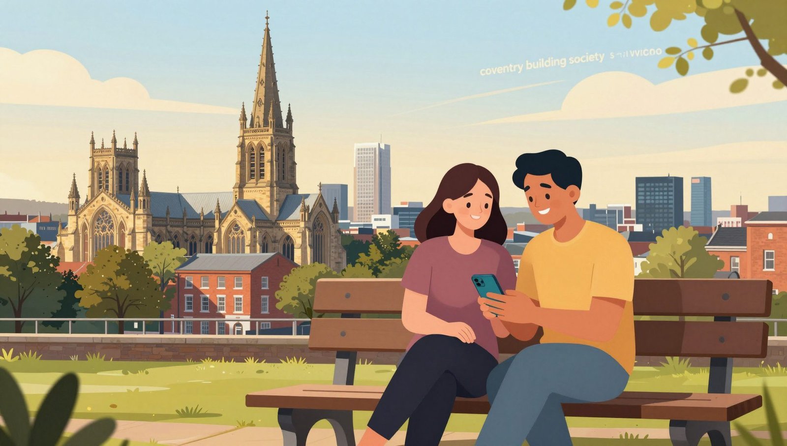 Coventry Building Society savings guide illustration showing a couple managing their savings on a phone in Coventry city centre.