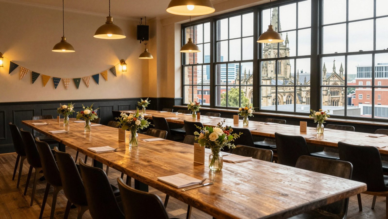 Free function room hire Coventry — a warm, decorated pub function room overlooking the city skyline