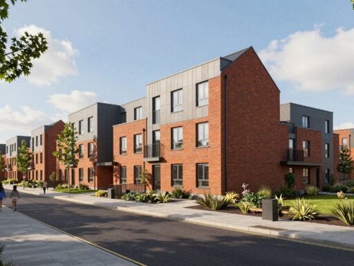 Lyons Park Coventry homes at dusk with city skyline beyond