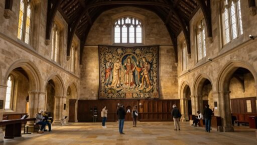 The historic Great Hall inside St Mary's Guildhall Coventry with the Coventry Tapestry on display