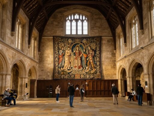 The historic Great Hall inside St Mary's Guildhall Coventry with the Coventry Tapestry on display