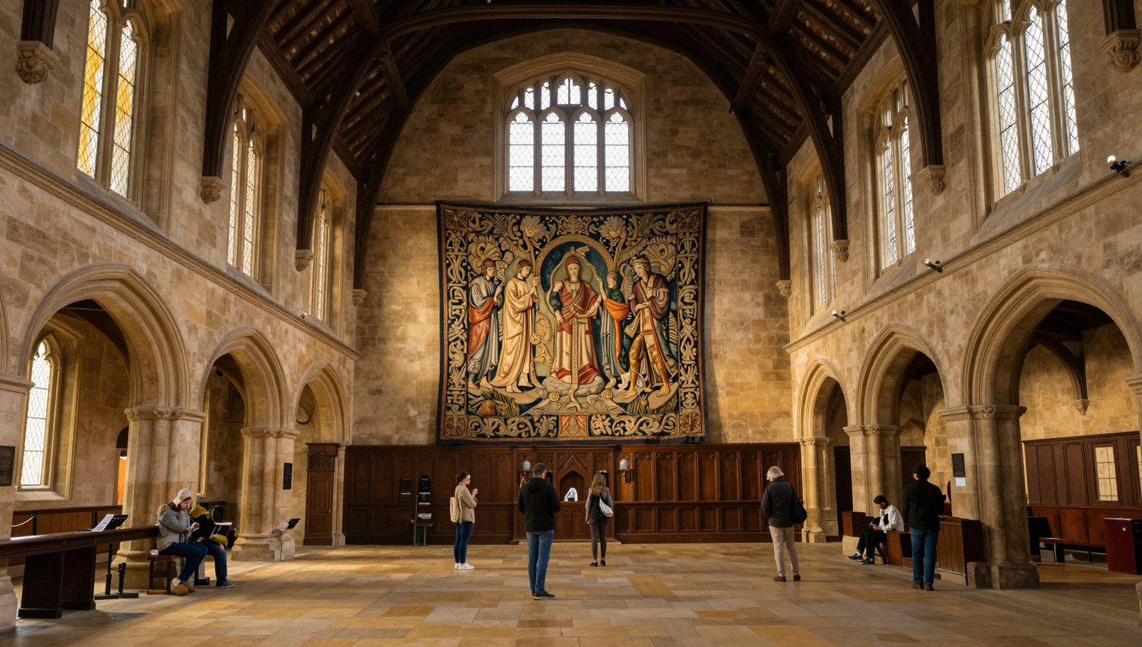 The historic Great Hall inside St Mary's Guildhall Coventry with the Coventry Tapestry on display