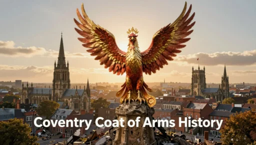 Phoenix emblem representing Coventry Coat of Arms History, with the city skyline behind it