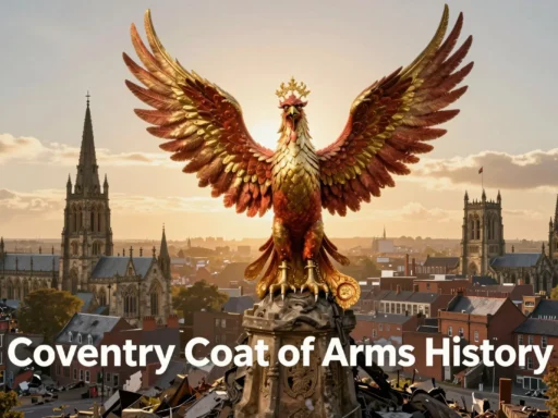 Phoenix emblem representing Coventry Coat of Arms History, with the city skyline behind it