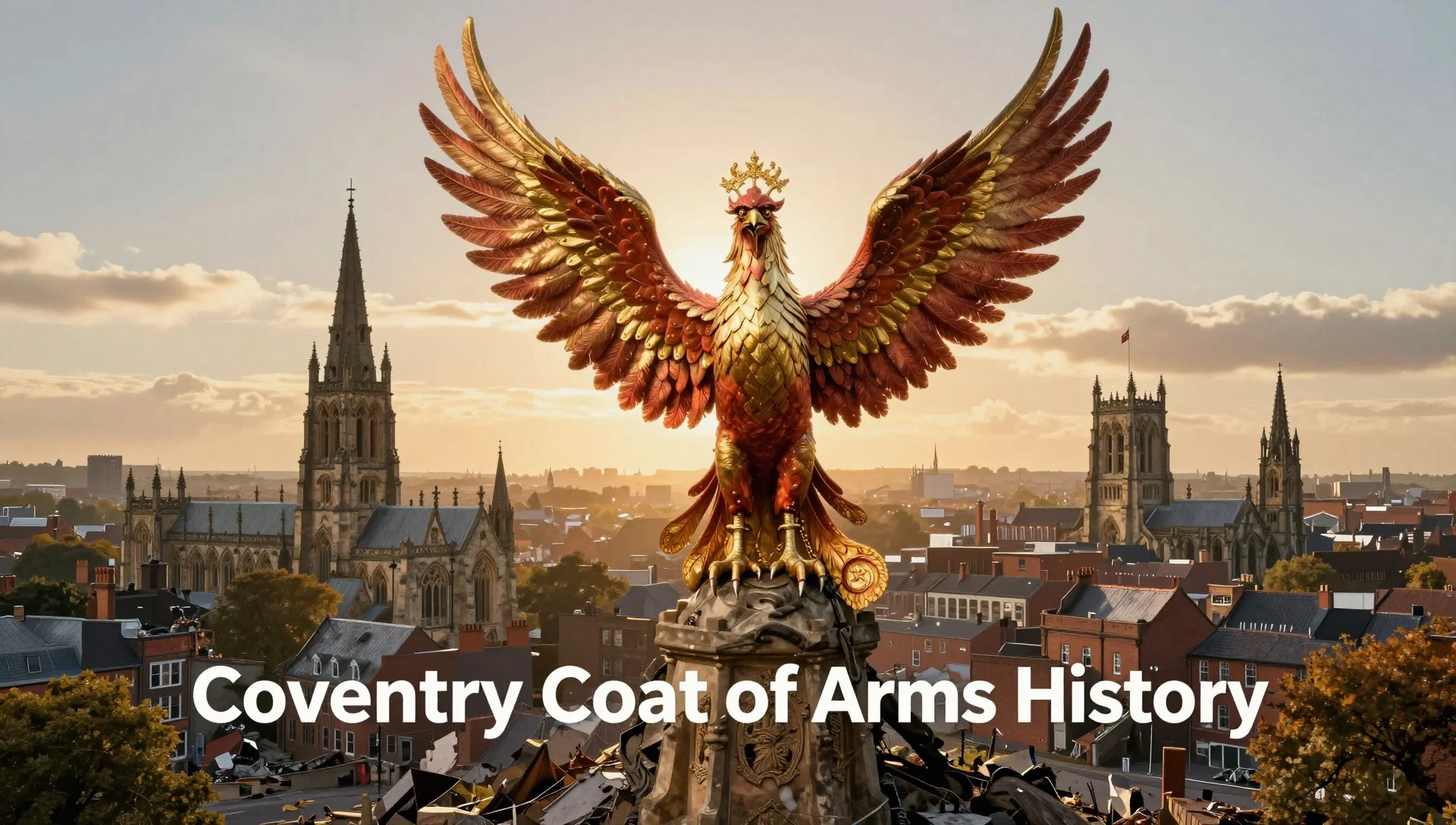 Phoenix emblem representing Coventry Coat of Arms History, with the city skyline behind it