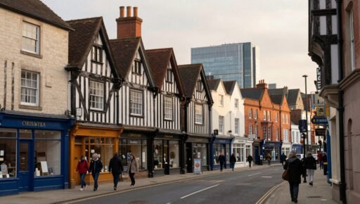 Historic buildings and independent shops on gosford street coventry