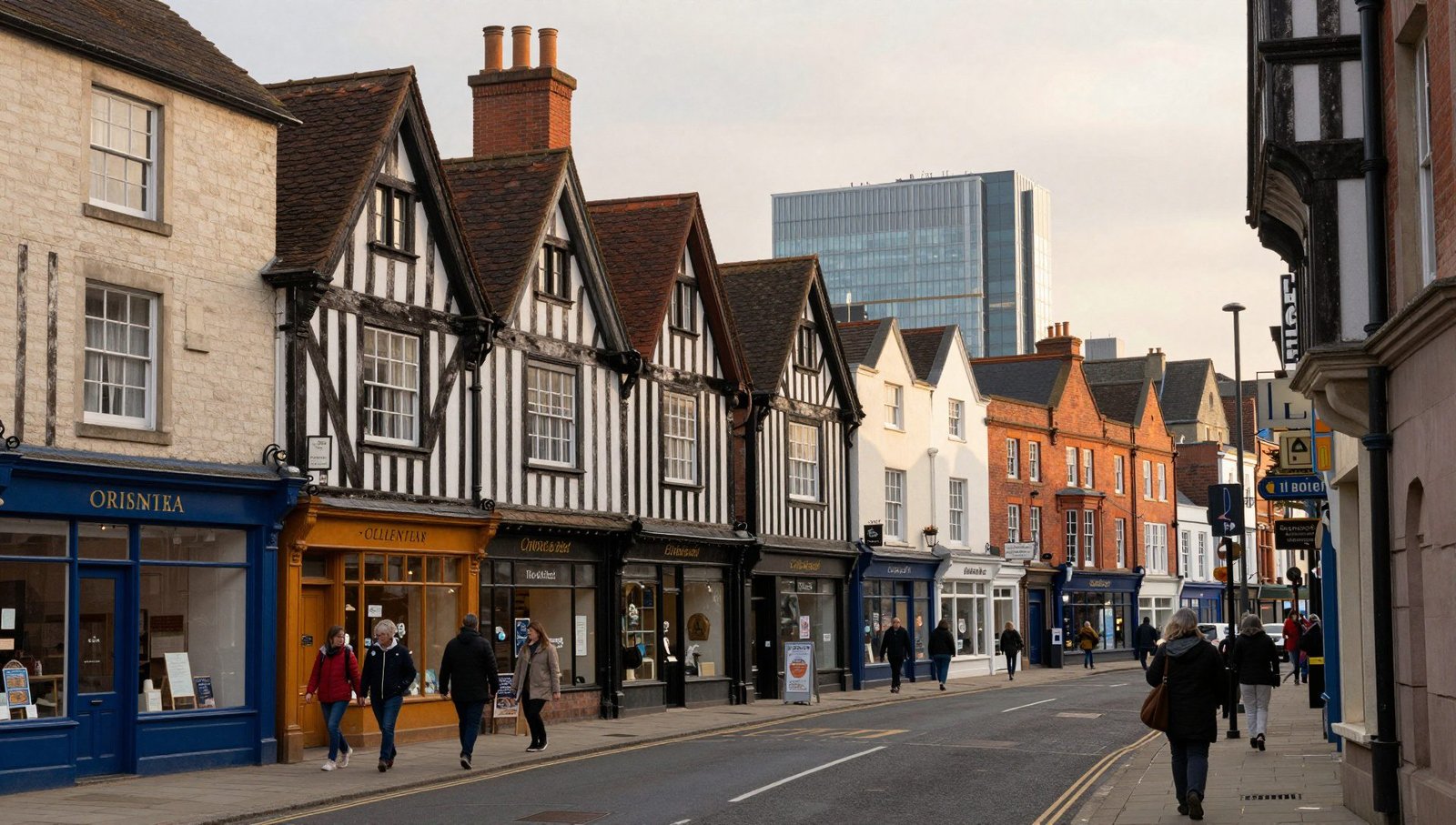 Historic buildings and independent shops on gosford street coventry